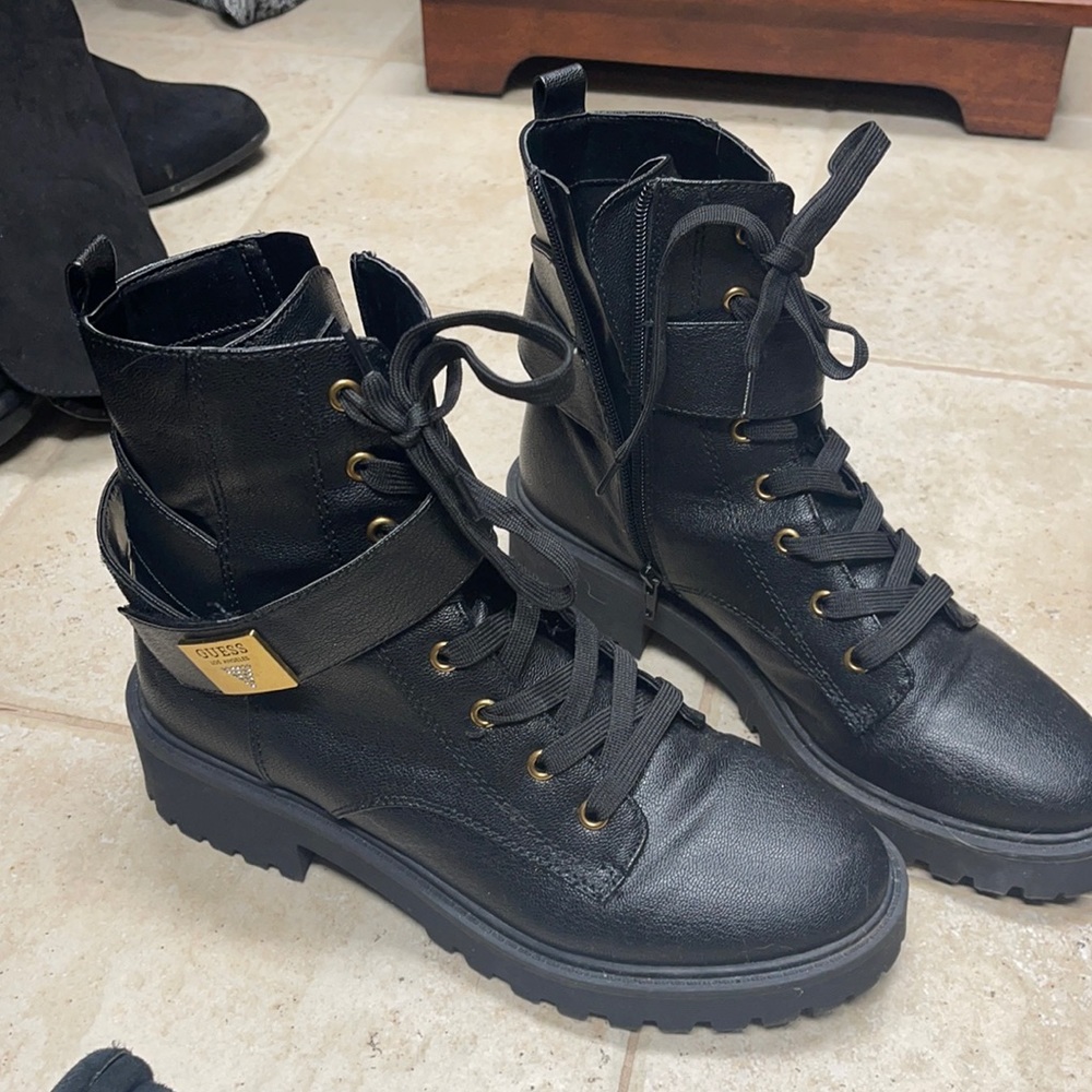 Guess leather combat boots , gold and black , great condition